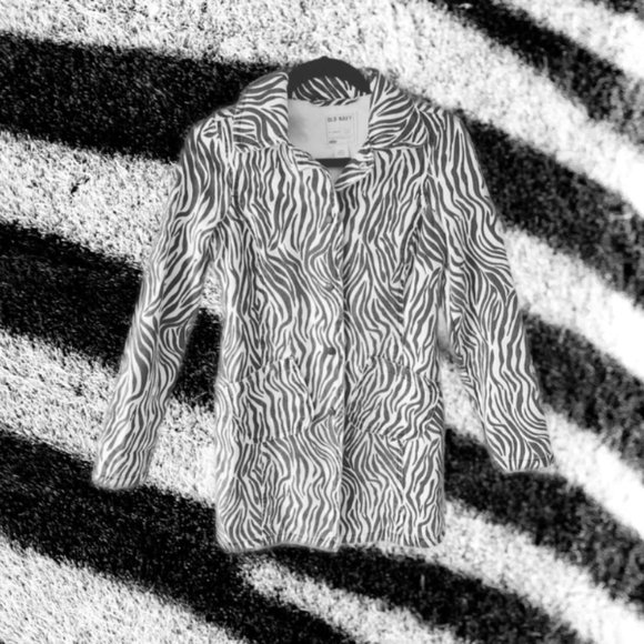 Old Navy black and white striped zebra print jacket canvas trench… - Picture 2 of 5